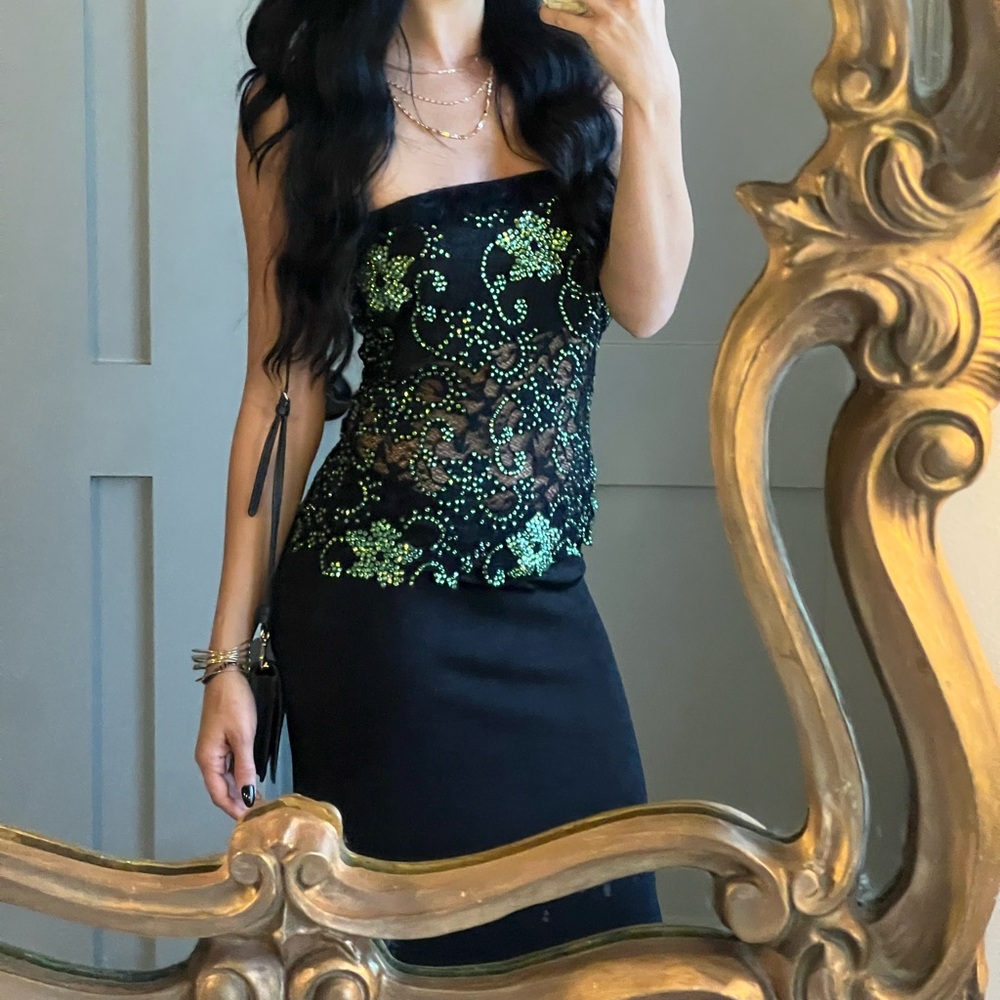 Nurielle Strapless Top with Black Lace and Green Swarovski Rhinstone
